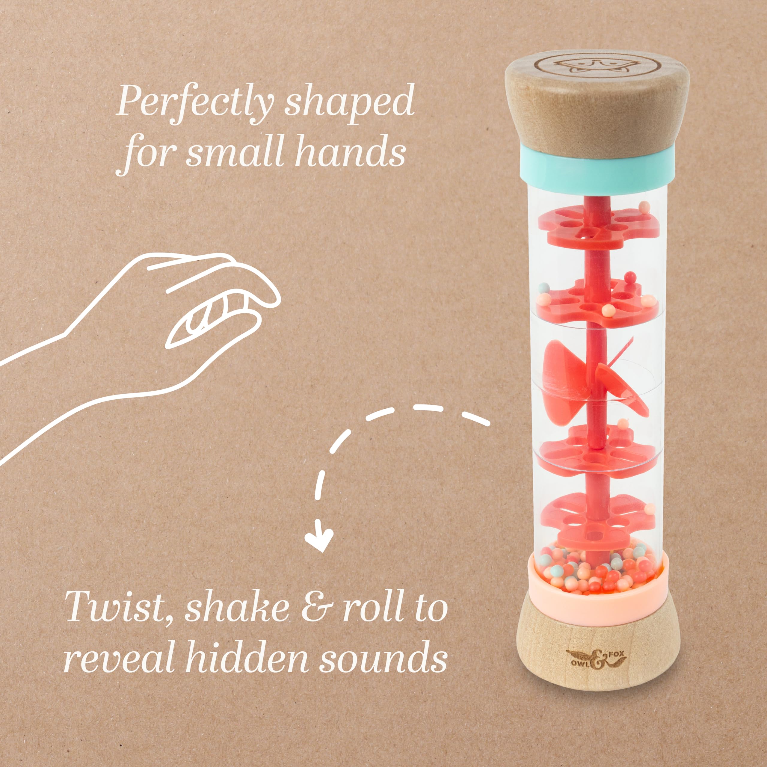 Owl & Fox Wooden Rainmaker Baby Rattle Toy - Soothing Sounds, Sensory Development | 12+ Months 4