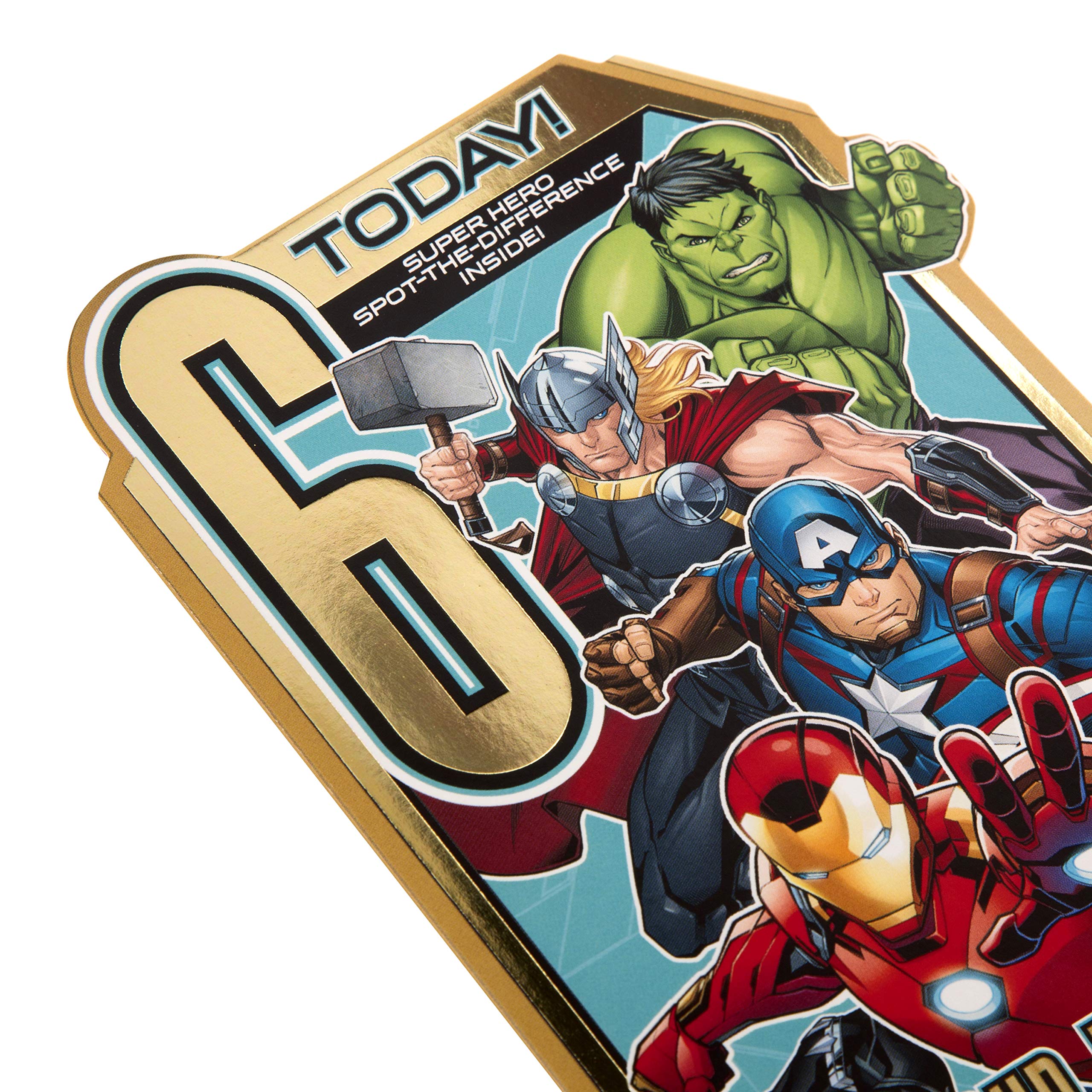 Hallmark Age 6 Birthday Card - Marvel Avengers Die-Cut with Gold Foil | Blue Envelope 2