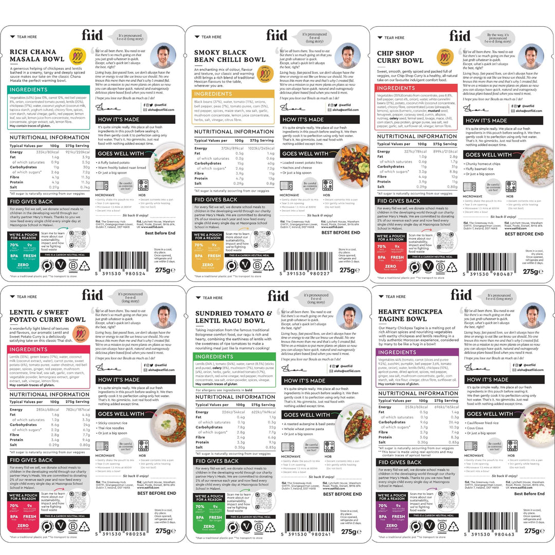 Fiid 100% Natural Vegan Microwave Ready Meals 6-Pack - 6x275g