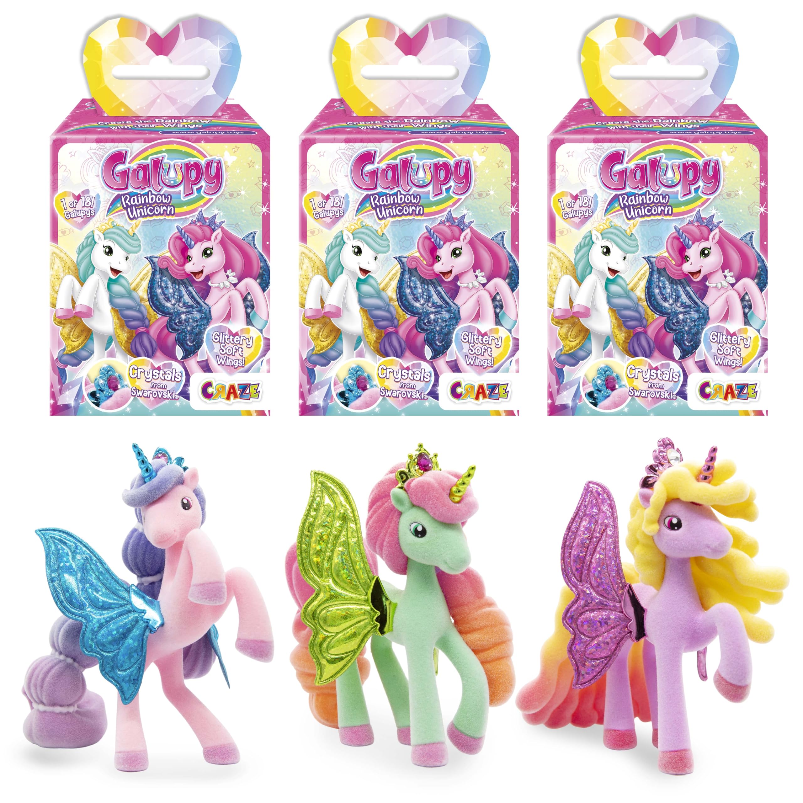 Galupy Rainbow Unicorn Toy Set - 3 Pack Collectable Figures with Swarovski Crystals