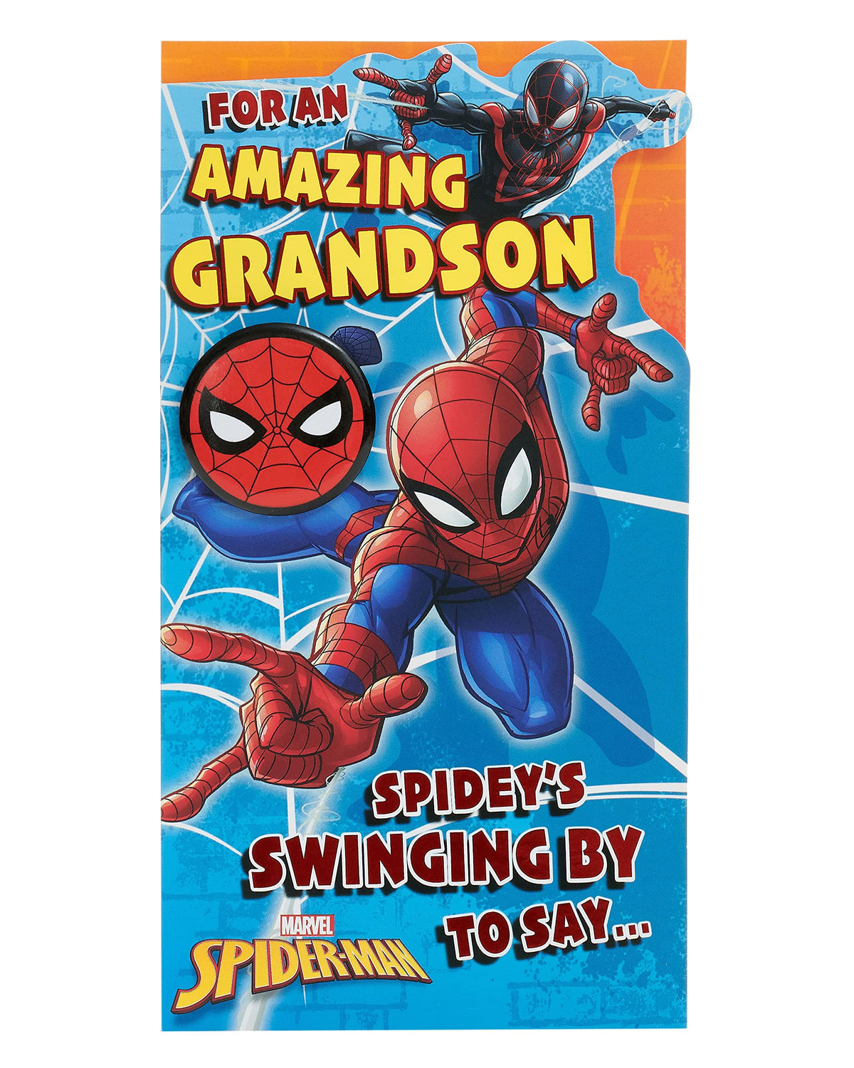 UK Greetings Spider-Man Birthday Card for Grandson - Specially Shaped Design with Wearable Badge | 127 x 235 mm