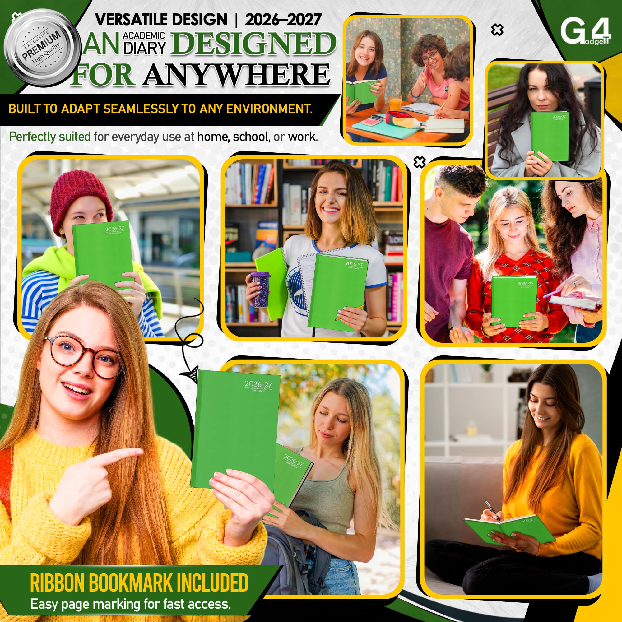 G4GADGET 2026-2027 Academic Diary - A4 Day A Page | Lime Green Hardback 5