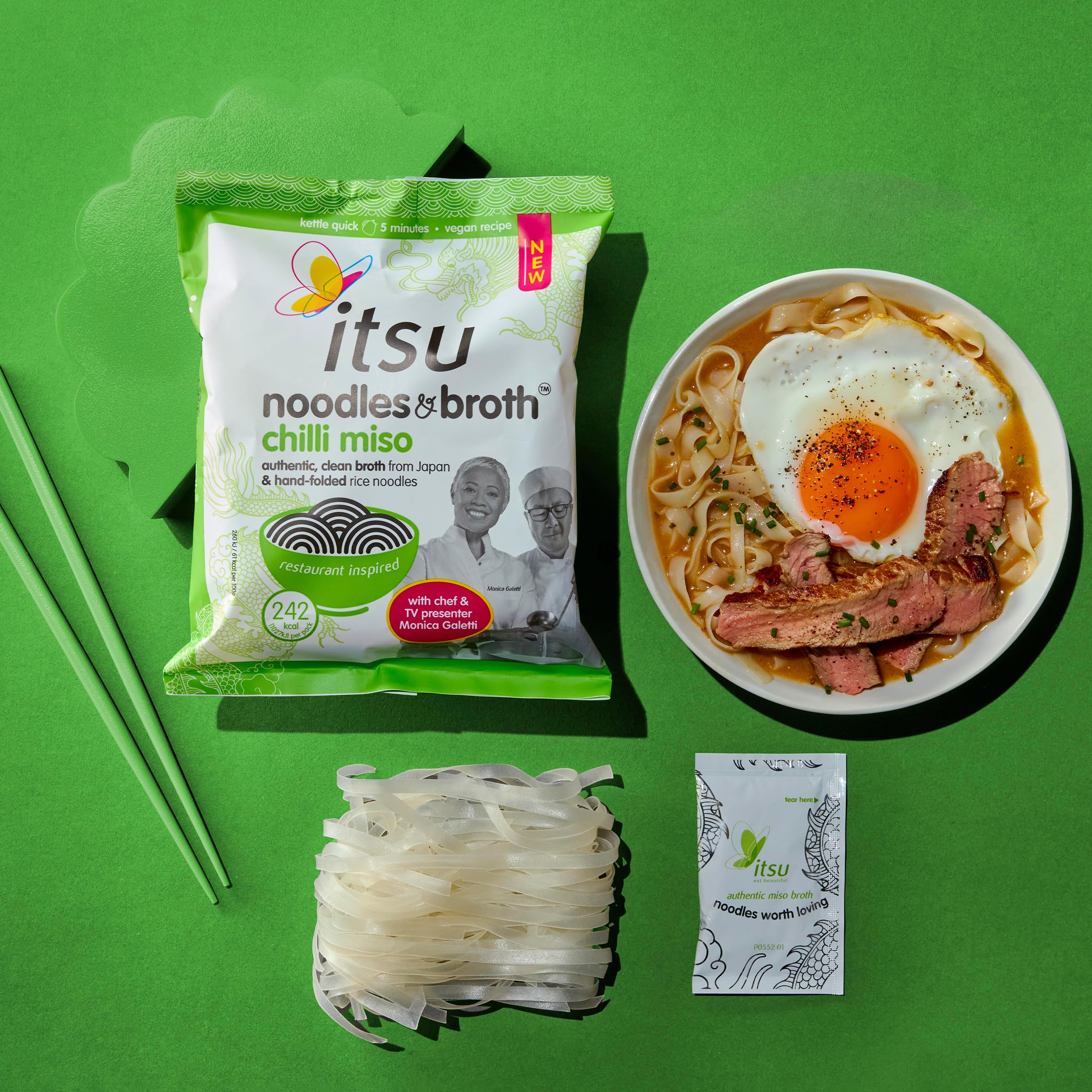Itsu Chilli Miso Noodles & Broth Pouch 85g - Pack of 6 | Gluten Free Vegan Instant Noodles 10