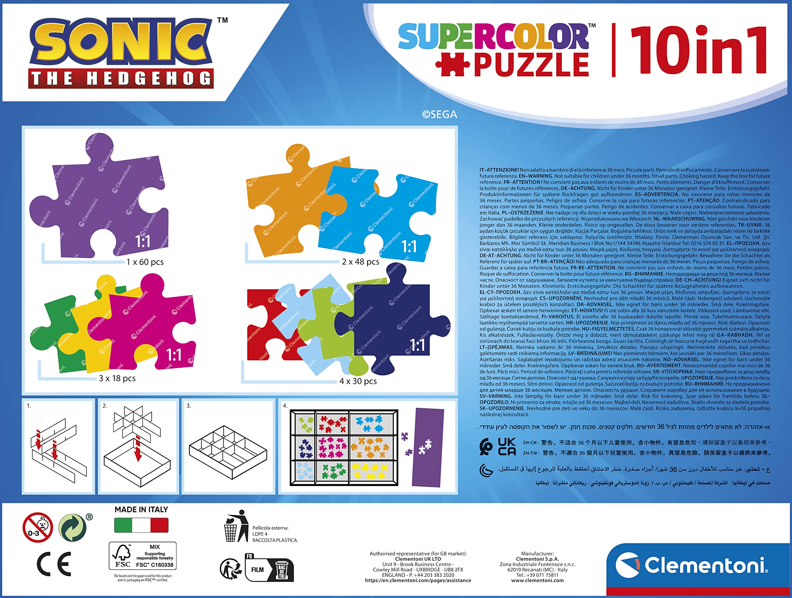 Clementoni Sonic Supercolor 10-in-1 Jigsaw Puzzle Set - 330 Pieces for Ages 4+ 6