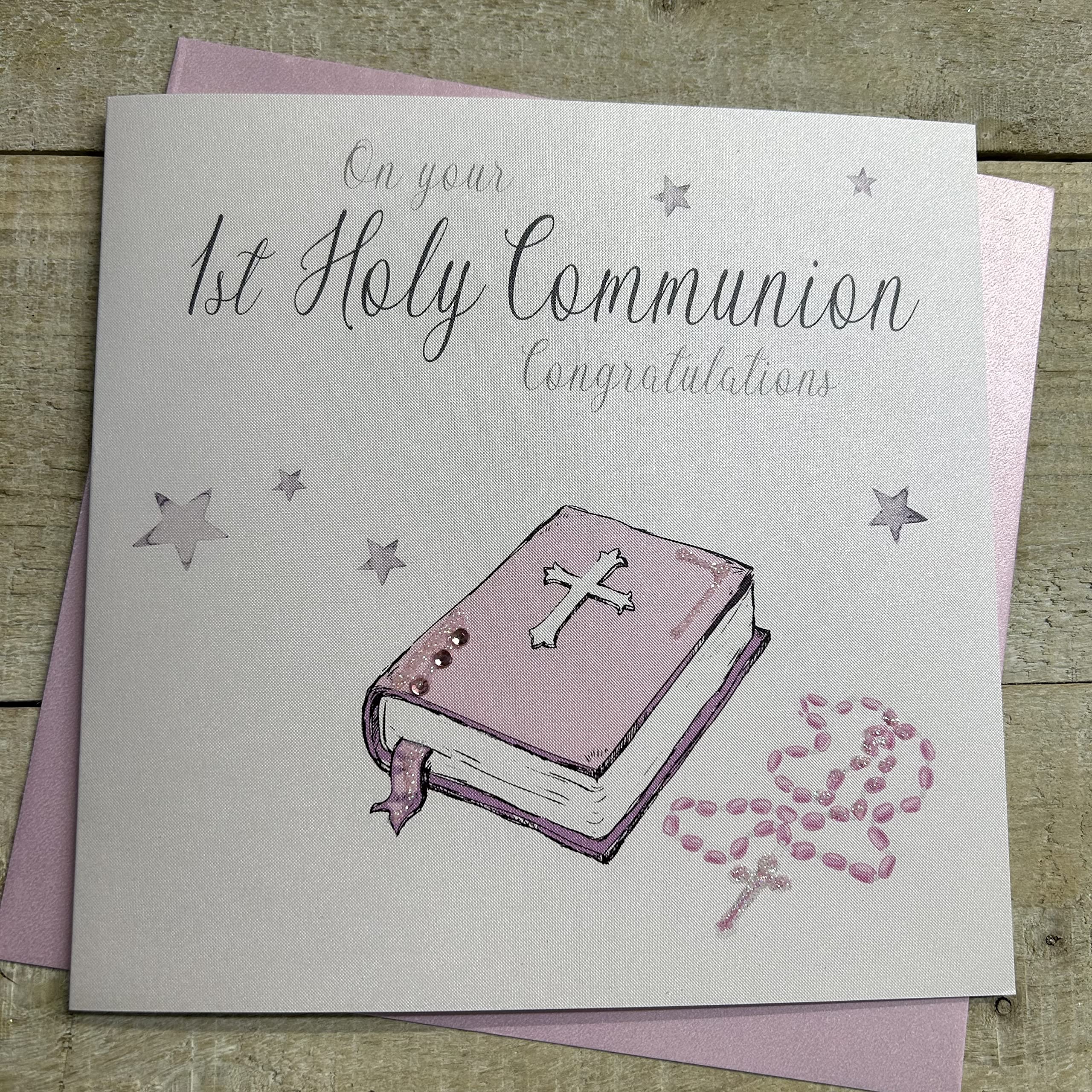 WHITE COTTON CARDS Pink Bible First Holy Communion Congratulations Card | 16cm x 16cm | Blank Inside