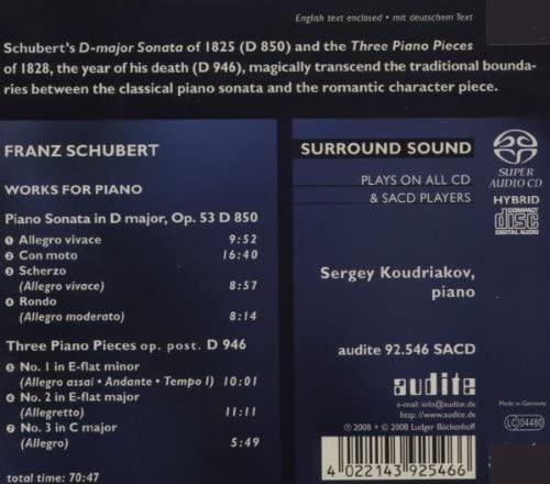 SERGEI KOUDRIAKOV - Schubert - Piano Sonata in D major, op.53; Three Piano Pieces [Audio CD]