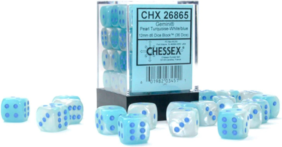 Chessex Luminary Dice Set 36 12mm Dice Pearl Turquoise and White with Blue
