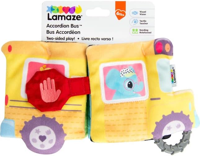 LAMAZE Accordion Bus, Newborn Baby Toy, Teether and Squeaker, Sensory Sensory Toys for Babies with Pictures