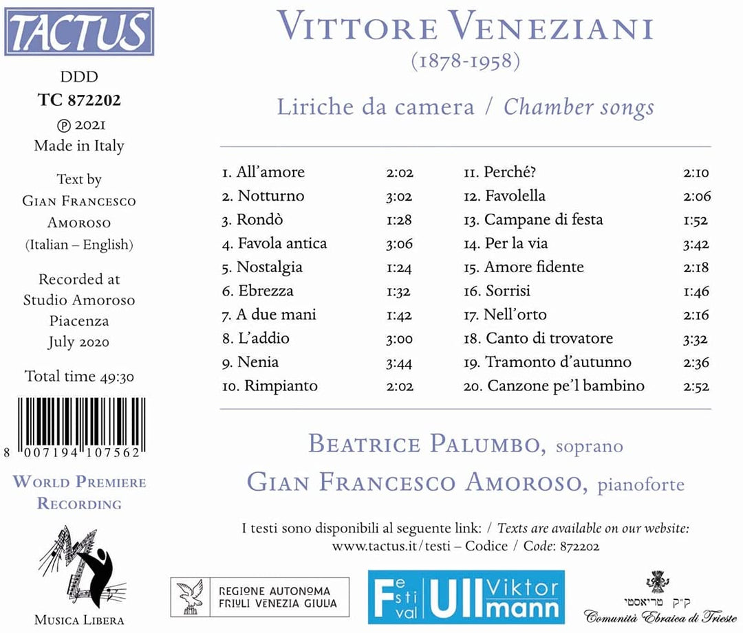 Beatrice Palumbo - Veneziani: Liriche Da Camera [Beatrice Palumbo; Fian Francesco Amoroso] [Tactus: TC 872202] [Audio CD]