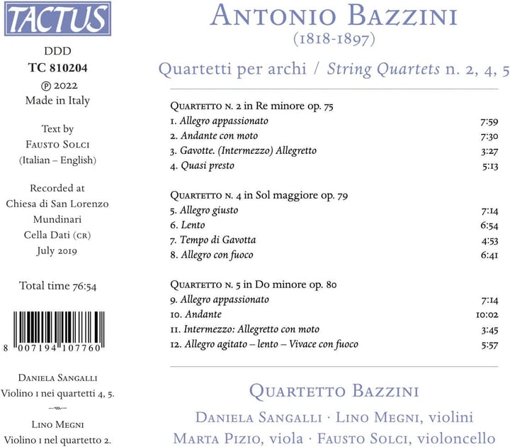 Quartetto Bazzini - Bazzini: String Quartets [Quartetto Bazzini] [Tactus: TC 810204] [Audio CD]