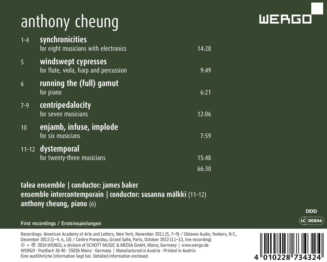 Cheung:Dystemporal [Talea Ensemble; Ensemble Intercontemporain; Anthony Cheung,Susanna Mälkki; James Baker] [WERGO: WER 73432] [Audio CD]