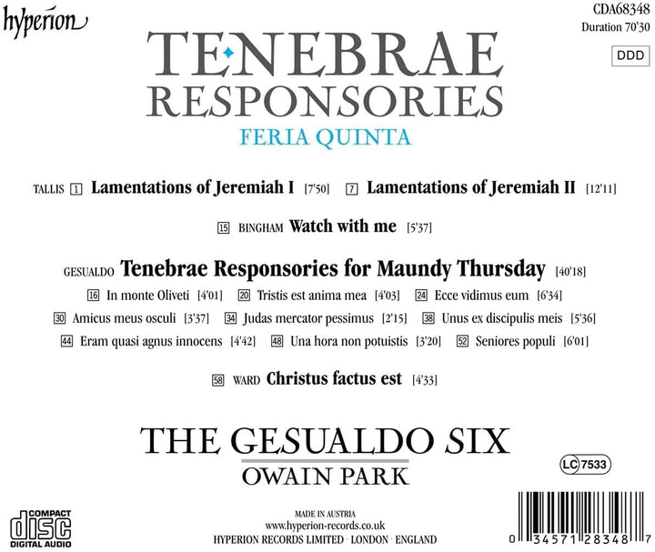 Tenebrae Responsories [The Gesualdo Six; Owain Park] [Hyperion Records: CDA68348 [Audio CD]