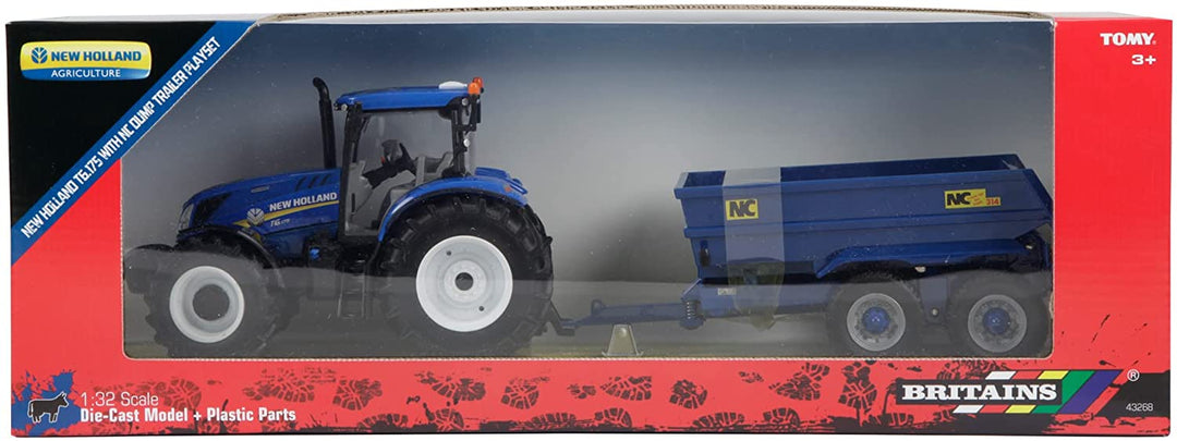 Britains 736 43268 EA New Holland T6 Tractor with Trailer Play Set, red