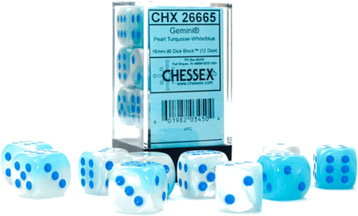 Chessex Luminary Dice Set 12 16mm Dice Pearl Turquoise and White with Blue Color