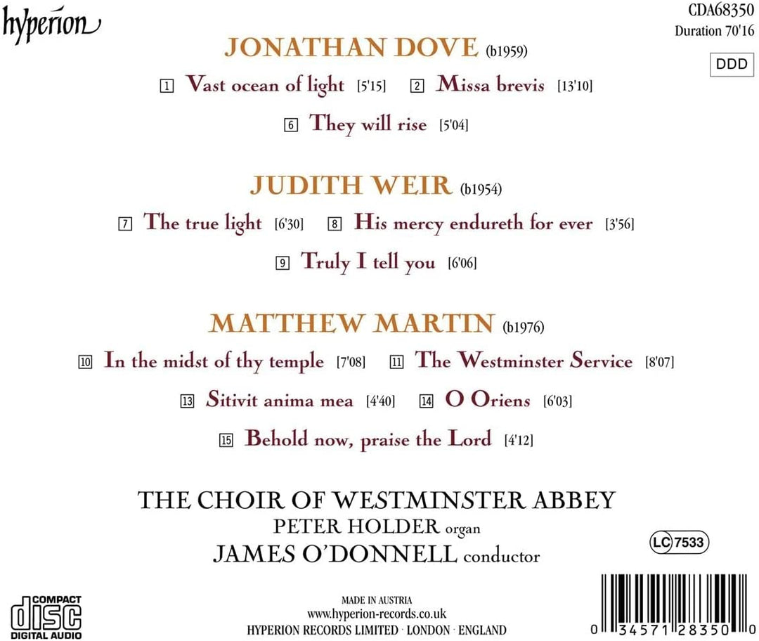 Jonathan Dove; Judith Weir; Matthew Martin: Choral Works [Peter Holder; Westminster Abbey Choir; James O'Donnell] [Hyperion Records A68350] [Audio CD]