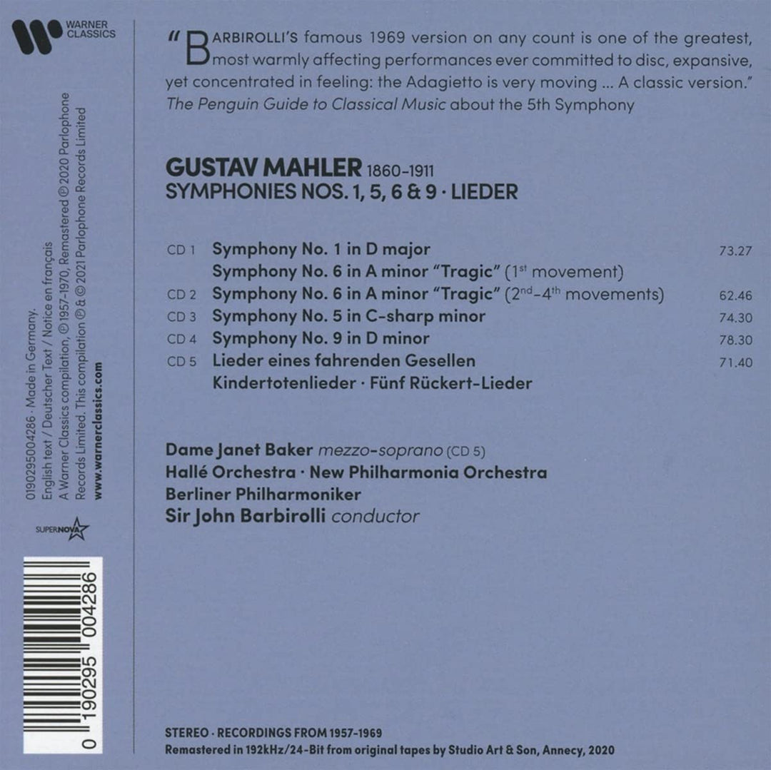 Sir John Barbirolli - Mahler: Symphonies Nos. 1, 5, 6, 9, Lieder [Audio CD]