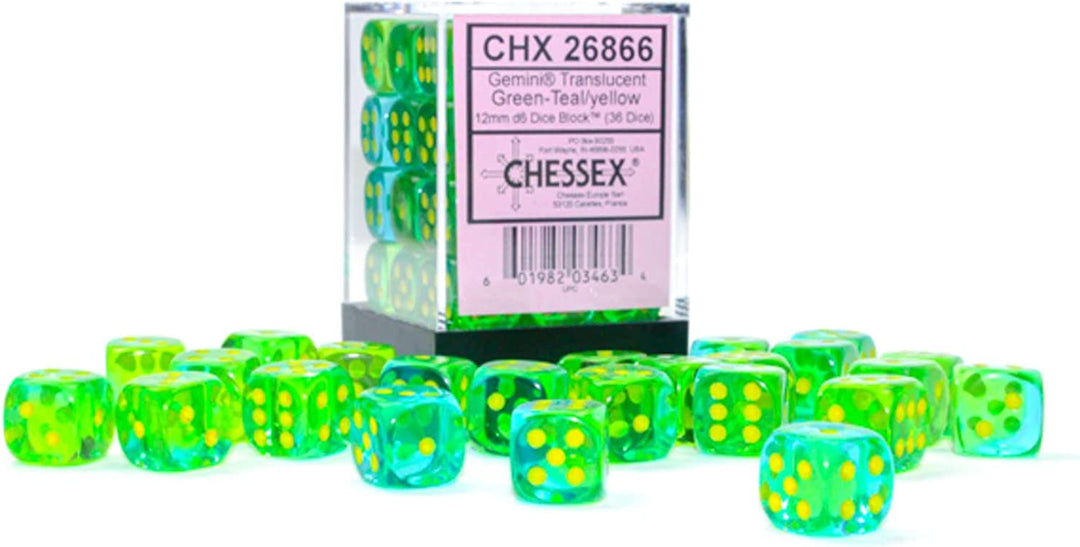 Chessex Dice Set – 12mm Gemini: Translucent Green-Teal/Yellow Dice Block – Dungeons and Dragons