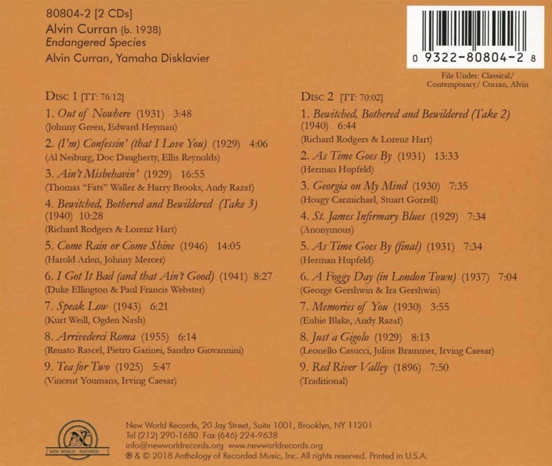 Alvin Curran, Yamaha Disklavier - Endangered Species [Audio CD]