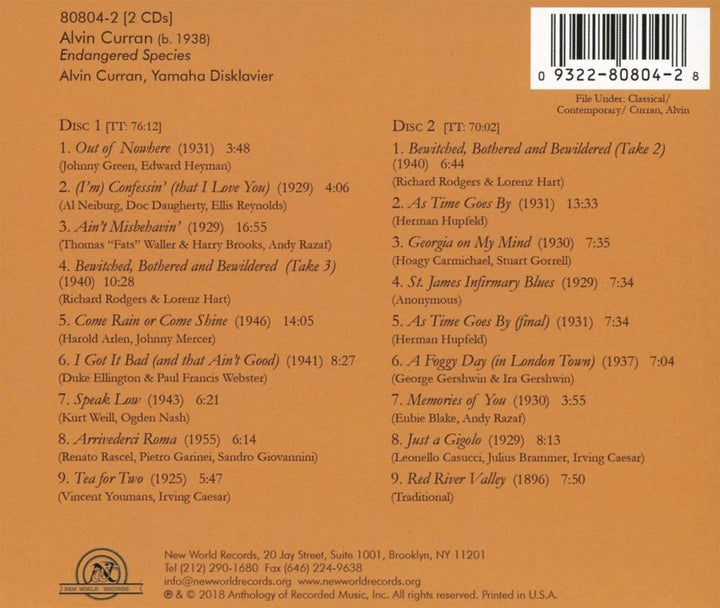 Alvin Curran, Yamaha Disklavier - Endangered Species [Audio CD]
