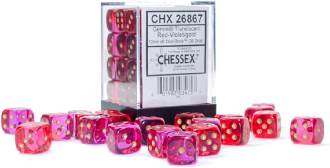 Chessex Gemini Translucent Dice Set 36 12mm Dice Red and Violet with Gold