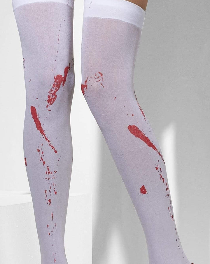 Fever Women’s Opaque Hold-Ups with Blood Stain Print, White, One Size,5020570427552