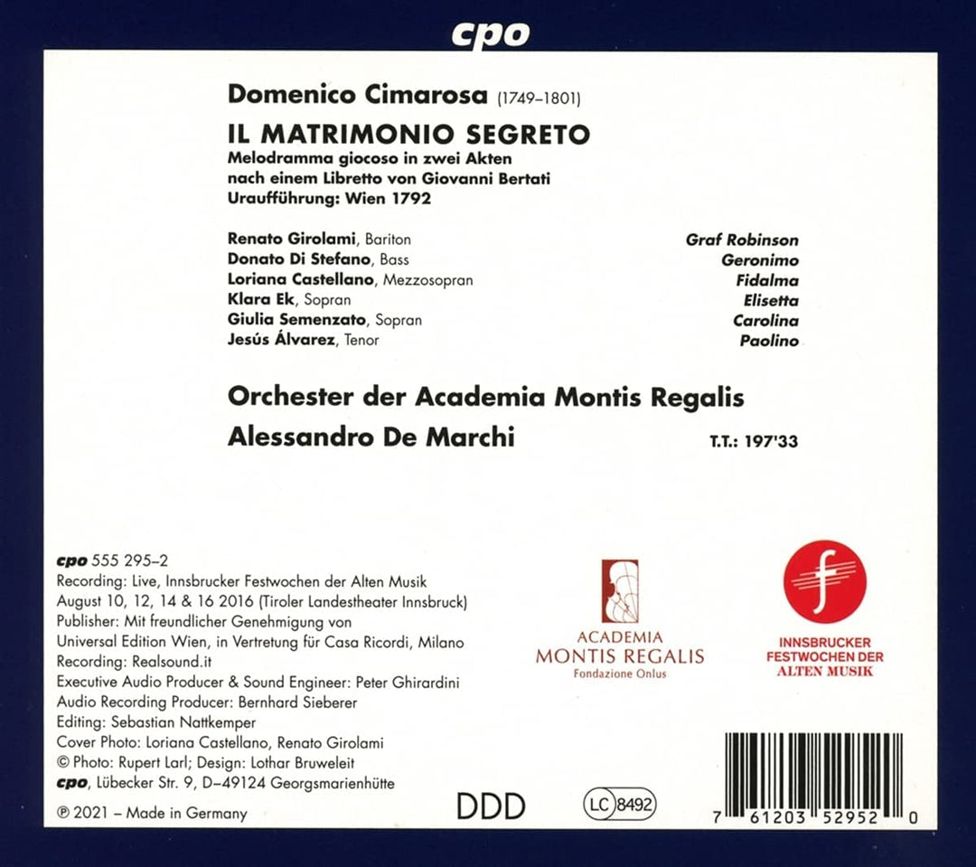 Renate Girolami - Il Matrimonio Segreto [Renate Girolami; Donato Di Stefano; Loriana Castellano; Alessandro De Marchi] [Cpo: 555295-2] [Audio CD]