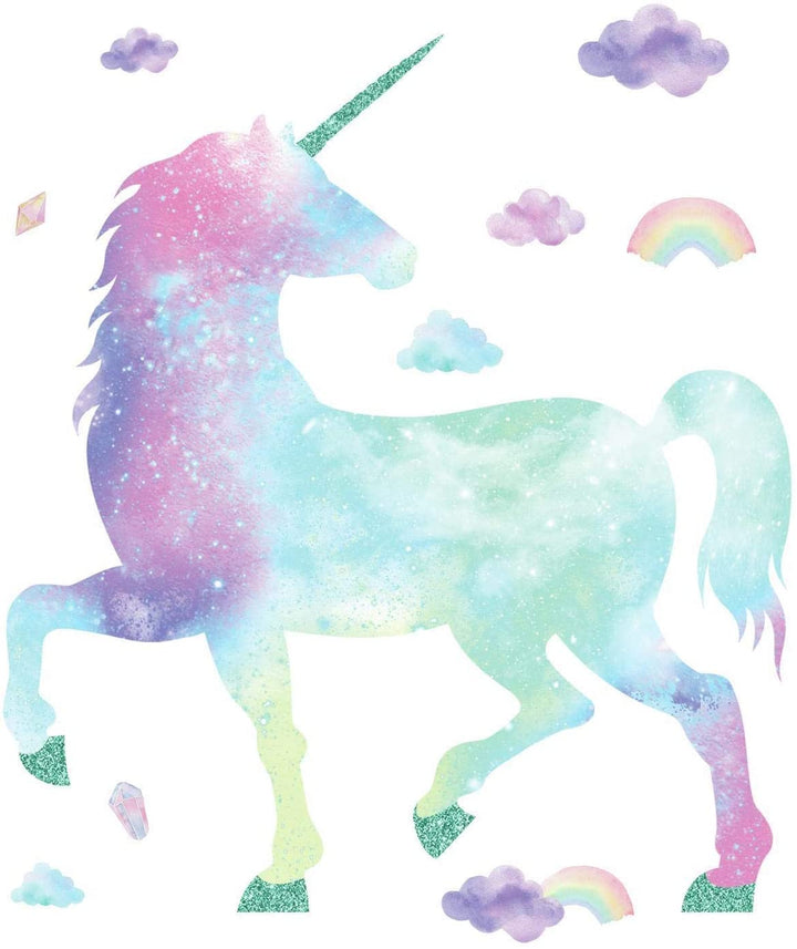 RoomMates Galaxy Unicorn Peel and Stick Giant Wall Decal with Glitter, Pink, Blu