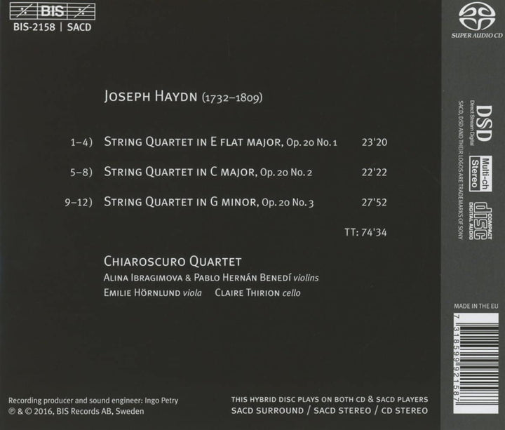 Haydn:Sun Quartets 1-3 [Chiaroscuro Quartet: Alina Ibragimova; Pablo Hernán Benedí; Emilie Hörnlund; Claire Thirion] [BIS: BIS2158] [Audio CD]