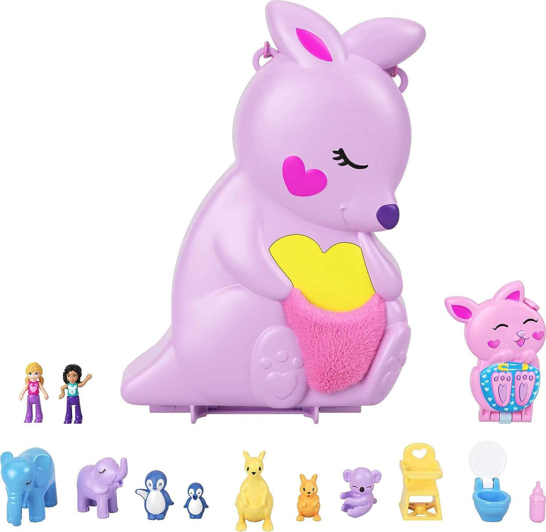 ?Polly Pocket Mini Toys, Mama and Joey Kangaroo Purse 2-in-1 Compact Playset with 2 Micro Dolls and Accessories