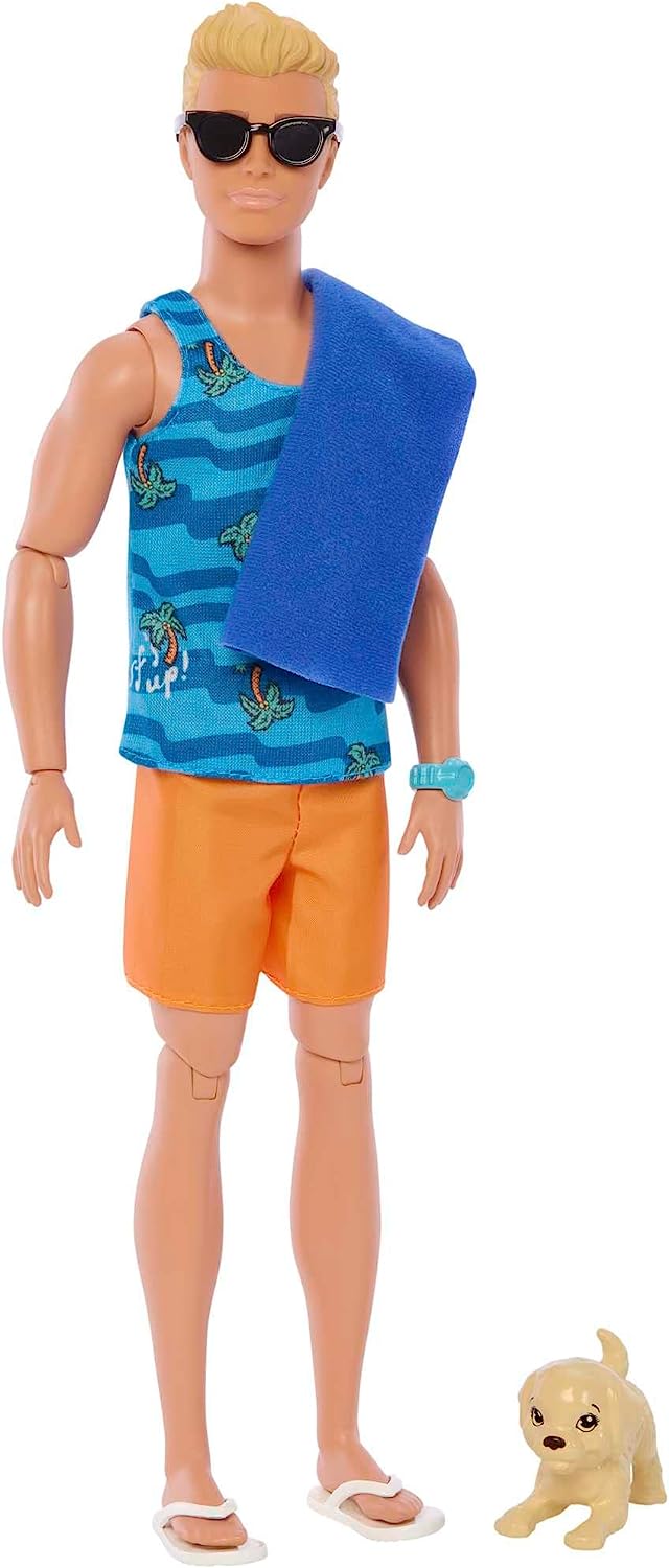 Ken Doll with Surfboard and Pet Puppy, Poseable Blonde Barbie Ken Beach Doll with Themed Accessories like Towel