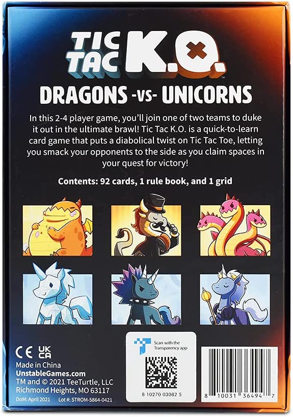 TeeTurtle | Tic Tac KO: Dragons vs Unicorns | Card Game | Ages 8+ | 2-4 Players