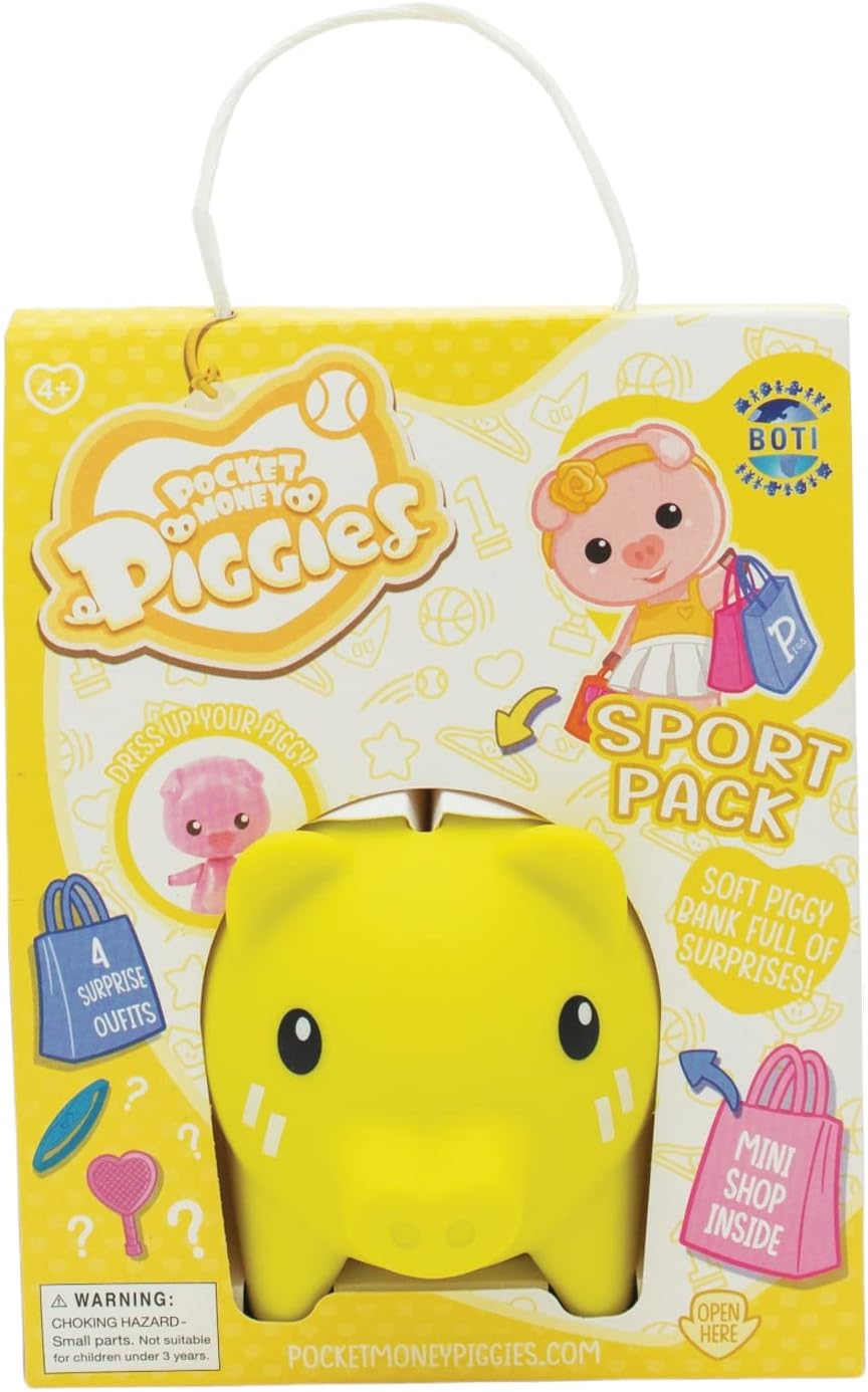 Pocket Money Piggies PCT01000 Sports-Cute Colourful Piggy Bank Filled with Fun Pocket Surprises-Store Coins