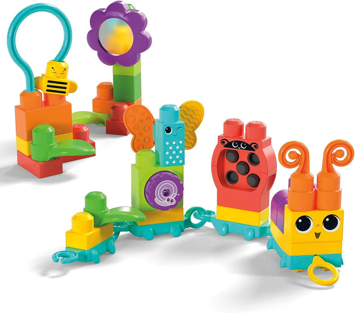 MEGA BLOKS Fisher-Price Sensory Building Blocks Toy, Move n Groove Caterpillar Train with 30 Pieces and Pull String