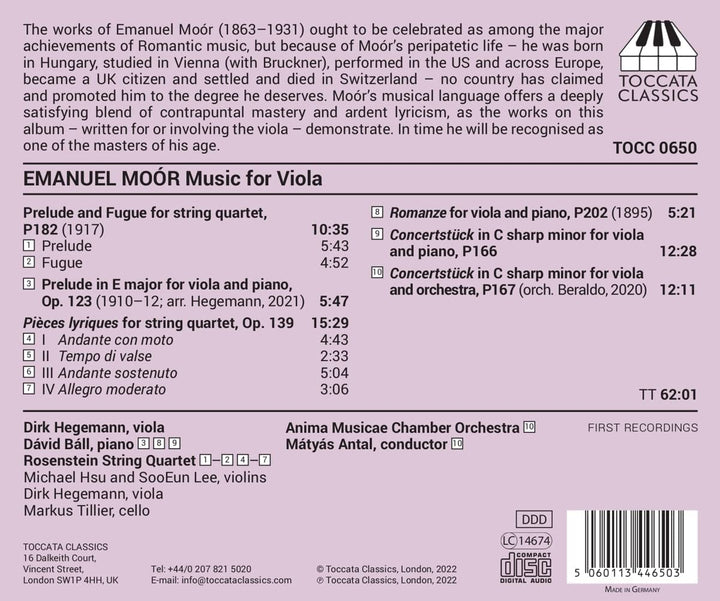 Moor: Music For Viola [Dirk Hegemann; Dávid Báll; Rosenstein String Quartet; Anima Musicae Chamber Orchestra; Mátyás Antal ] [Toccata Classics: TOCC 0650][Audio CD]