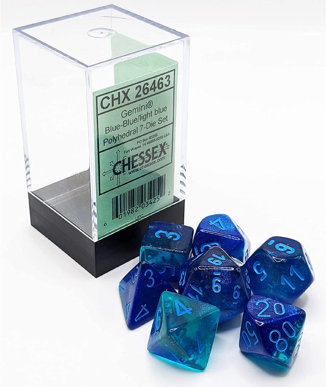 Chessex Gemini Luminary Dice Set 7 Polyhedral Dice Blue with Light Blue