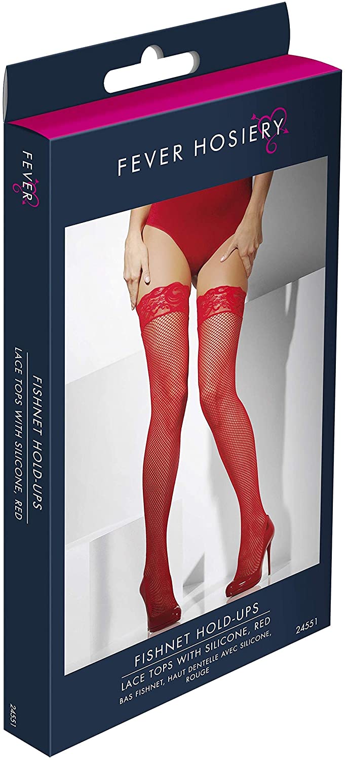 Fever Women’s Fishnet Hold-Ups with Lace Silicone Band, Red, One Size, 5020570245514