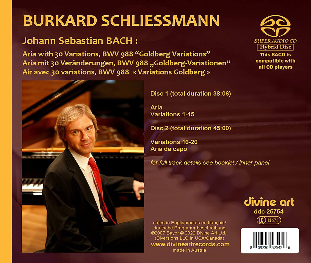 Bach: Goldberg Variations BWV 988 [Burkard Schliessmann] [Divine Art: DDC 25754] [Audio CD]