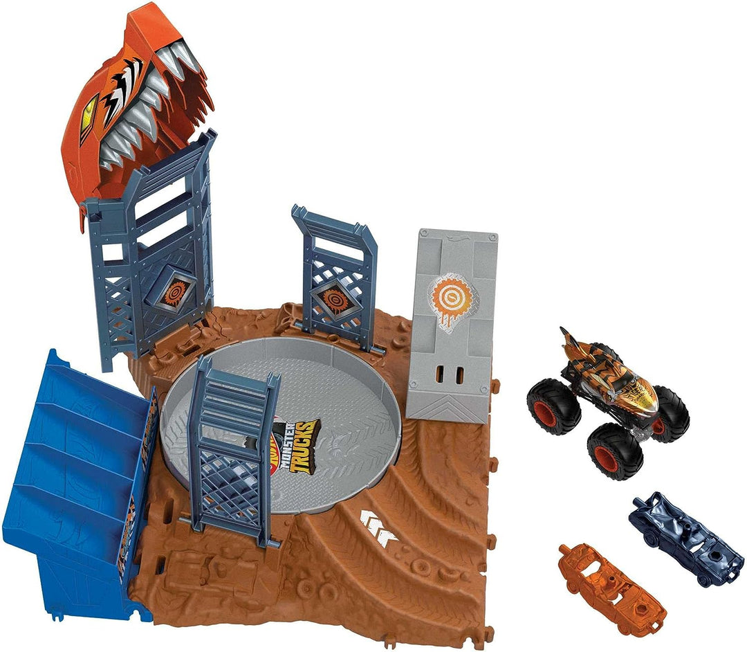 ?Hot Wheels Monster Trucks Arena Smashers Tiger Shark Spin-Out Challenge with a 1:64 Scale Tiger Shark and 2 Crushable Cars