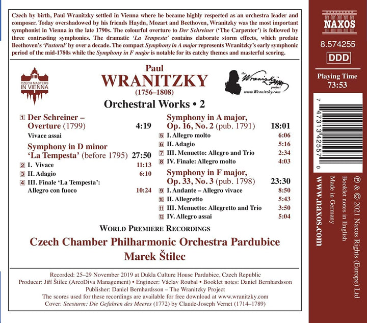 Wranitzky: Orchestral Wks 2 [Czech Chamber Philharmonic Orchestra Paradubice; Marek Stilec] [Naxos: 8574255] [Audio CD]