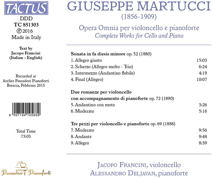 Martucci:Cello/Piano Works [Jacopo Francini; Alessandro Deljavan] [TACTUS: TC 851303] [Audio CD]