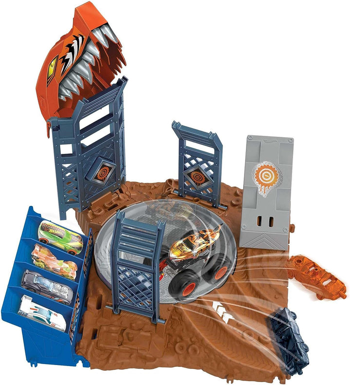 ?Hot Wheels Monster Trucks Arena Smashers Tiger Shark Spin-Out Challenge with a 1:64 Scale Tiger Shark and 2 Crushable Cars