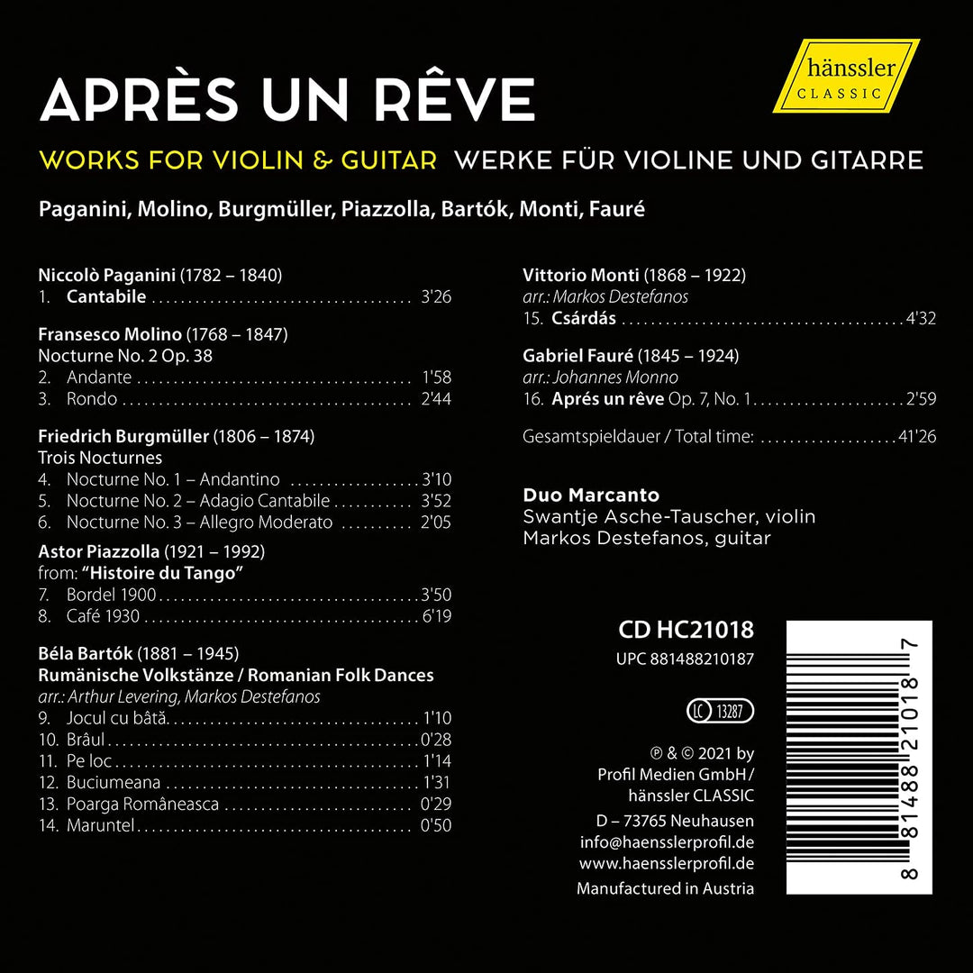 Duo Marcanto - Apres Un Reve [Duo Marcanto] [Hanssler Classics: HC21018] [Audio CD]