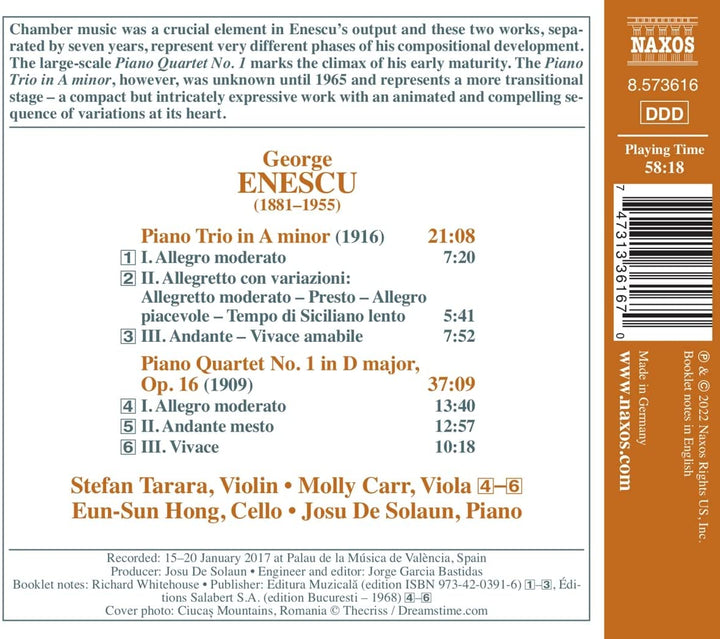 Enescu: Piano Quartet No. 1 [Stefan Tarara; Molly Carr; Eun-Sun Hong; Josu De So [Audio CD]