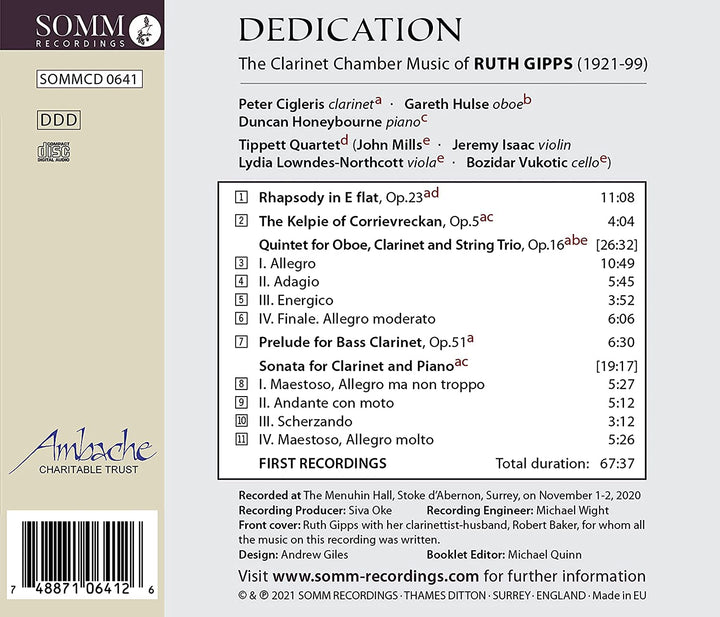 Peter Cigleris - Dedication: Ruth Gipps [Peter Cigleris; Gareth Hulse; Duncan Honeybourne; Tippett Quartet] [Somm Recordings: SOMM 0641] [Audio CD]