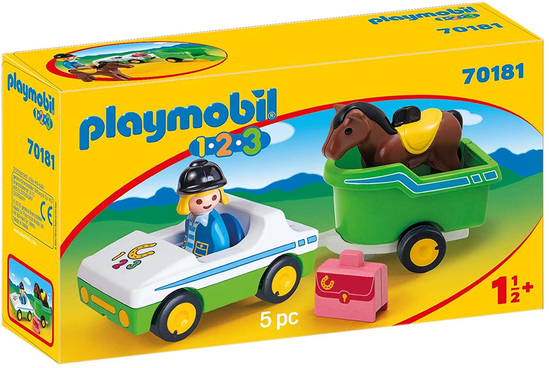 Playmobil 70181 1.2.3 Voiture avec Remorque à Cheval pour Enfants 18 Mois+