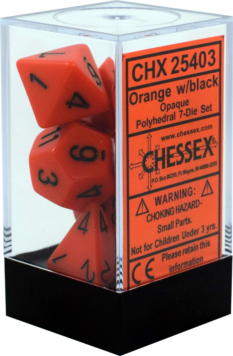 DND Dice Set-Chessex D&D Dice-16mm Opaque Orange and Black Plastic Polyhedral Dice Set-Dungeons and Dragons Dice Includes 7 Dice