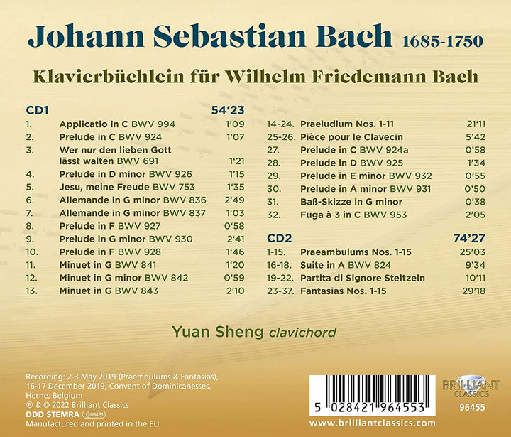 Yuan Sheng - J.S. Bach: Klavierbüchlein für Wilhelm Friedemann Bach [Audio CD]