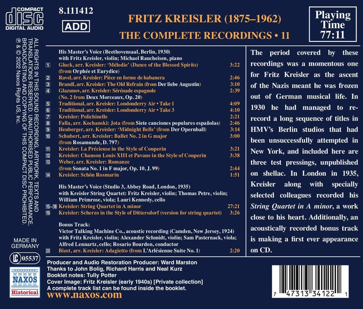 Kreisler Complete Rec Vol 11 [Fritz Kreisler; Michael Raucheisen; Kreisler Strin [Audio CD]