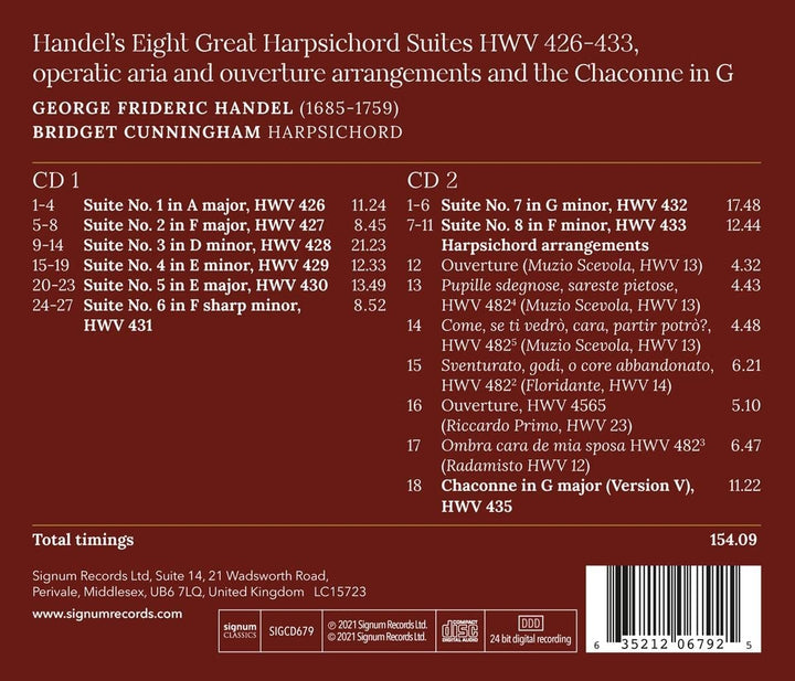 Bridget Cunningham: Handel's Eight Great Harpsichord Suites [Audio CD]