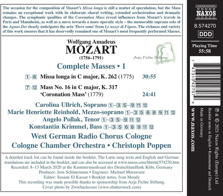 Mozart: Masses Vol.1 [Carolina Ullrich; Marie Henriette Reinhold; Angelo Pollak; Christoph Poppen] [Naxos: 8574270] [Audio CD]